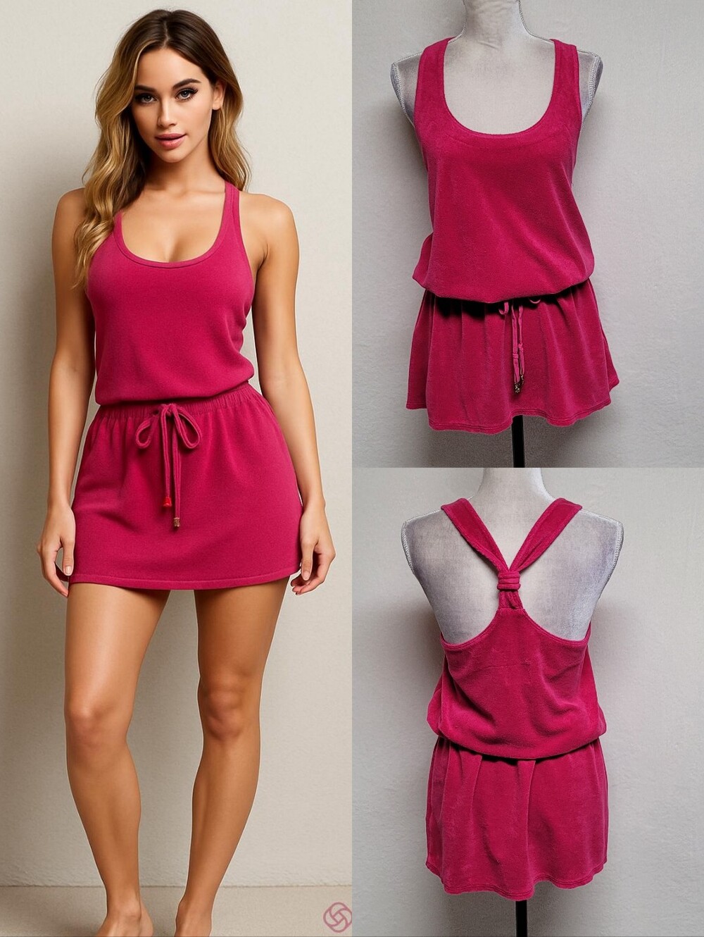 Juicy Couture Rare Vintage Magenta Terrycloth Racerback Tie-Waist Mini Dress L